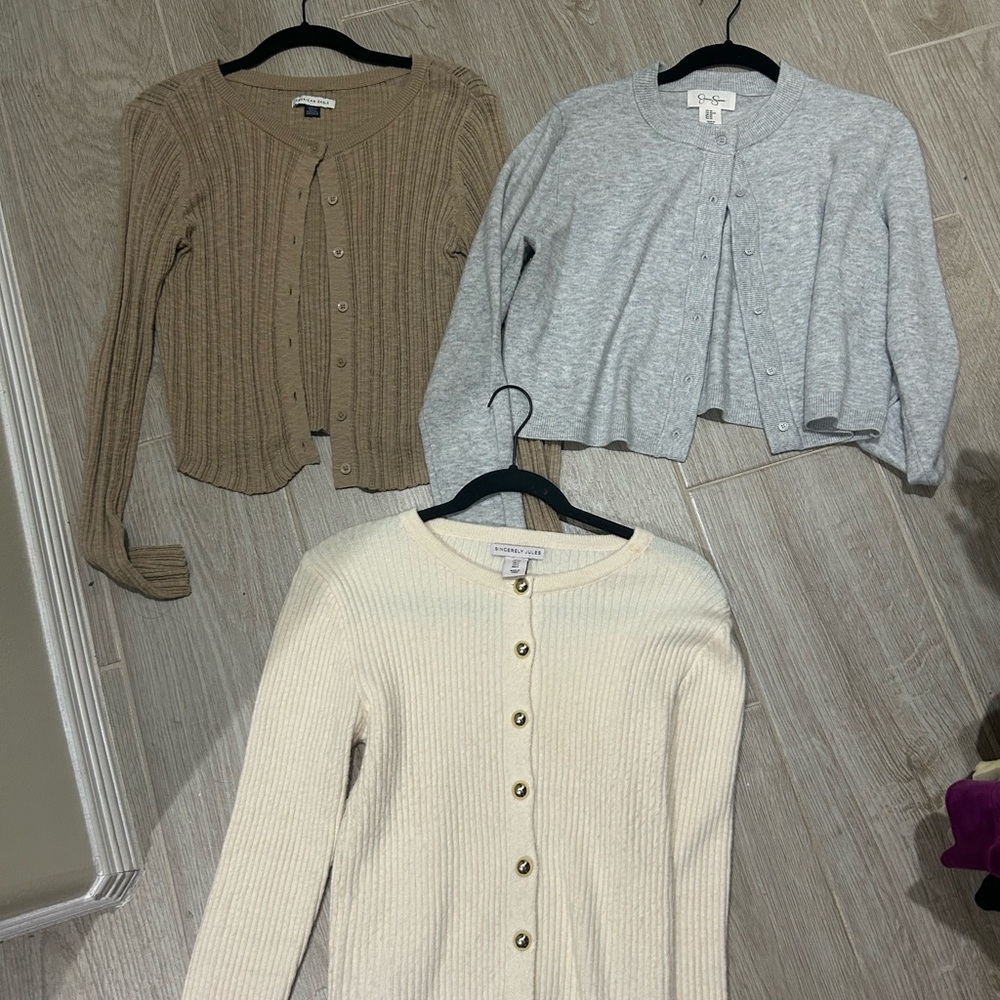 Women's Ribbed Cardigan Sweater Bundle - Cream, Gray, and Tan